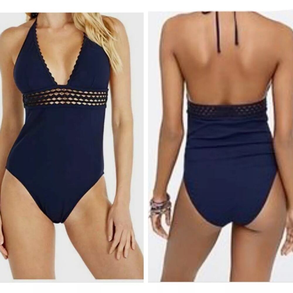 J. Crew Piqué Halter One Piece Swimsuit Scallop Trim Size 2 Navy AO840 NEW NWT